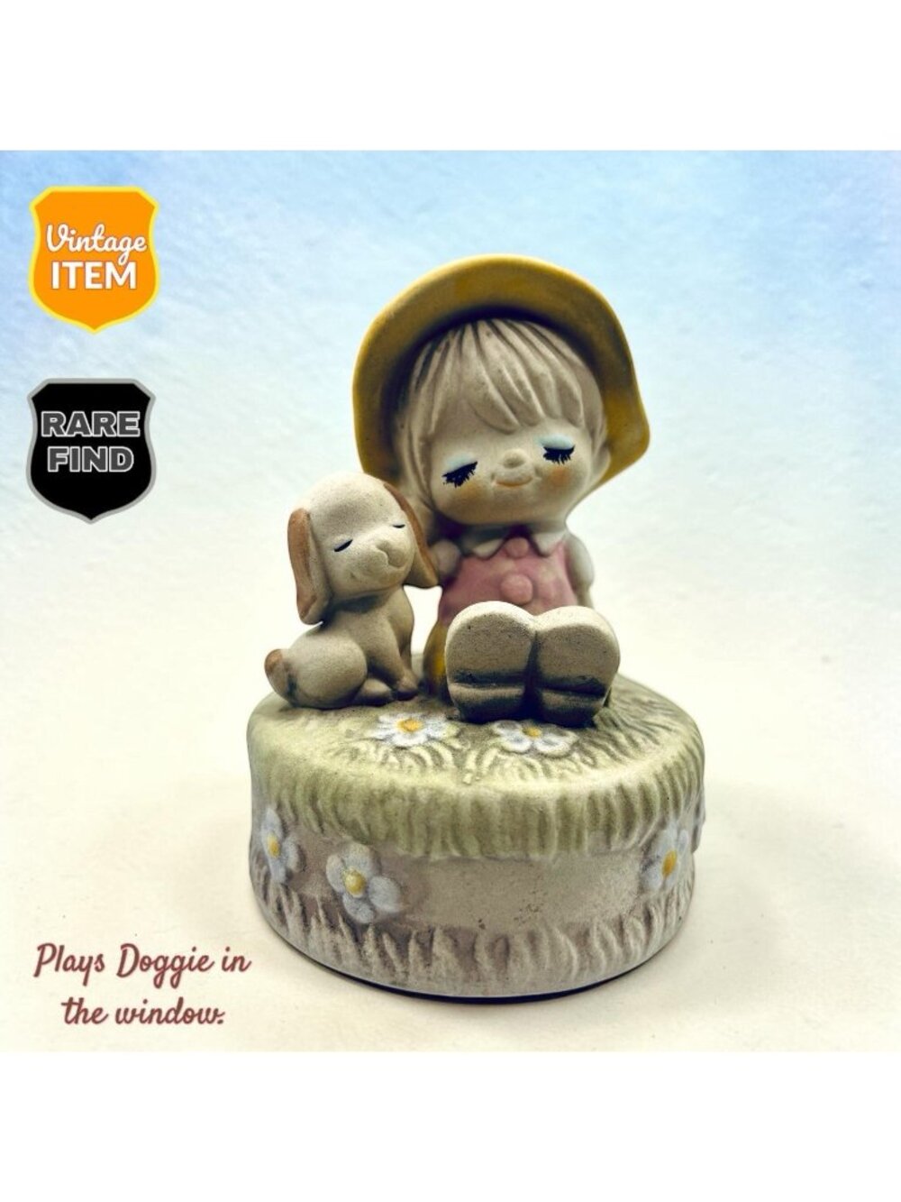 Vintage Girl with Dog 5 Inch Music Box Plays Doggie in the window. RARE!